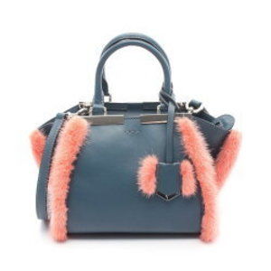 FENDI Trois Jours Handbag Leather Fur Blue Pink